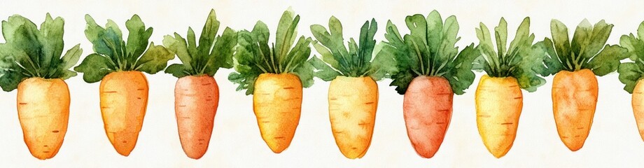 Row of hand-painted watercolor carrots with green leafy tops in varied shapes and shades of orange and yellow on white background