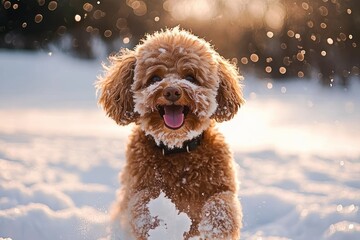 happy brown poodle playing joyfully in the snow with snowflakes on its fur and warm golden sunlight in the background