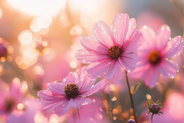 Close-up of delicate pink flowers covered with morning dew drops glowing softly under warm sunlight with a bokeh background