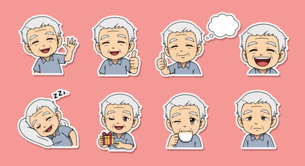 Adobe illustrator artwork vector illustration set of eight cute senior man character.
