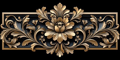 Ornate golden floral decorative relief with large central flower and symmetrical swirling leaves on black background