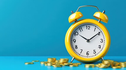 Bright Yellow Alarm Clock with Coins Over Vibrant Blue Background