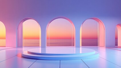 Minimalist white interior with large arched windows showing a colorful sunset over calm ocean waters, illuminated by soft pastel lighting