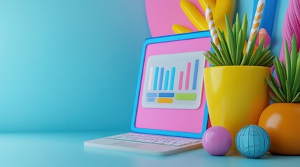 Colorful workspace with laptop, plants, and decorative elements