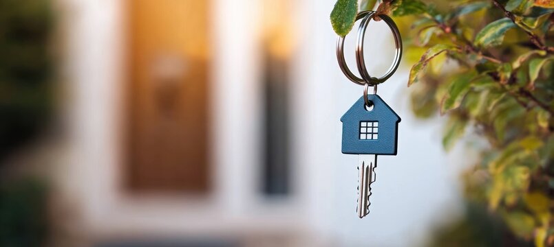 Close-up of two house-shaped keychains hanging from a branch with blurred background of a doorway and foliage in warm natural light - Powered by Adobe