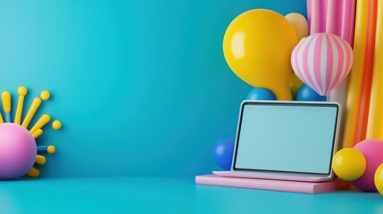 Bright and Colorful Workspace with Laptop and Decorative Balloons