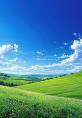 Vast green rolling hills under a bright blue sky with scattered white clouds on a sunny day