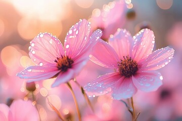 Delicate pink flowers covered in morning dew drops glowing softly in warm sunlight with a dreamy blurred background