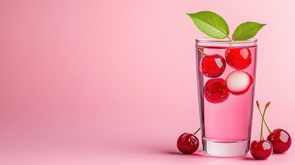 Refreshing Cherry Beverage with Ice and Green Leaves on Pink Background