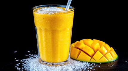Refreshing Mango Smoothie with Coconut Topping on Black Background