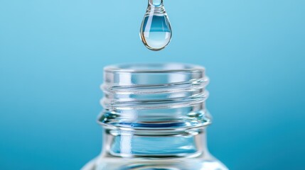Single water droplet falling into clear glass bottle on blue background