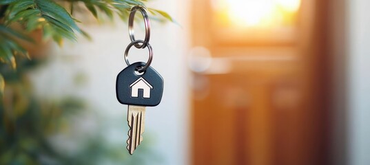Close-up of a house key with a keyring featuring a house symbol in front of a blurred warm glowing door and green leaves