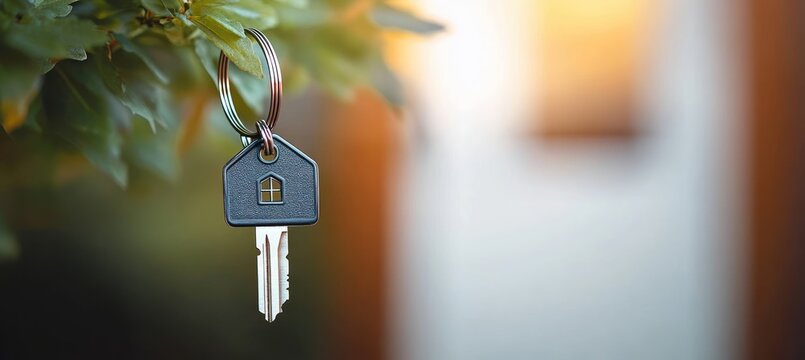 silver house key with keychain hanging from leafy branch symbolizing home ownership and new beginnings in warm soft sunlight