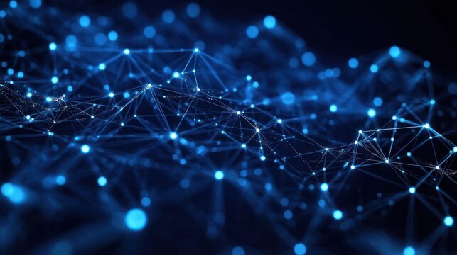 Abstract digital network of interconnected glowing blue nodes and lines on dark background representing data connectivity and technology - Powered by Adobe