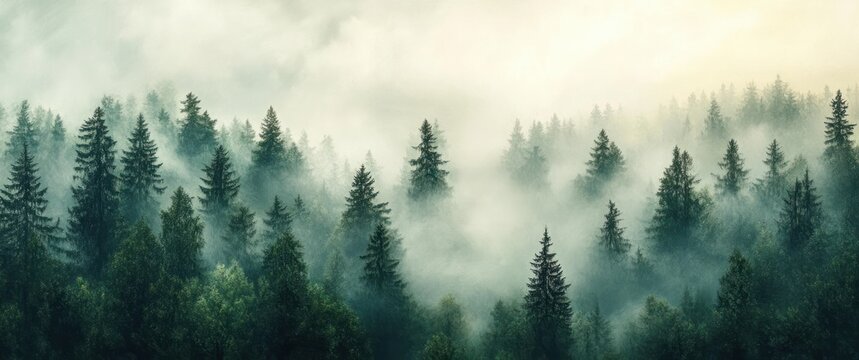 Dense evergreen forest covered in thick mist creating a mysterious and tranquil atmosphere with layers of tall pine trees fading into foggy background