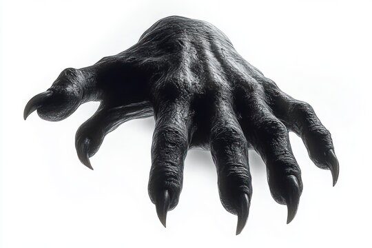 dark clawed hand with sharp curved talons emerging from white background evoking a sense of mystery and menace