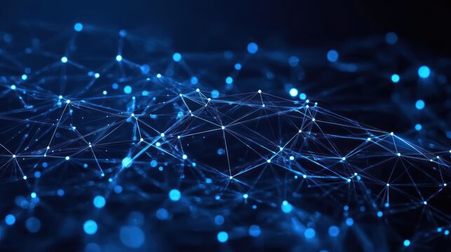 Digital network of interconnected glowing blue nodes and lines creating a complex abstract web on a dark background