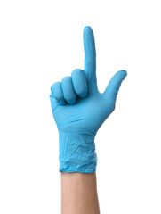 Female hand in medical glove pointing up on white background
