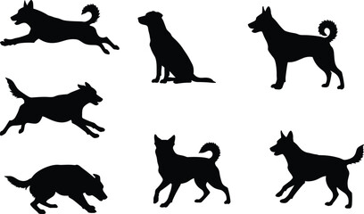 Dog silhouettes collection, sitting dog, running dog, jumping dog, playful pet, standing canine, black vector illustration, domestic animal, graphic design artwork