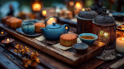 Fototapeta premium High-Resolution Commercial Photography of Delicate Mooncakes and Tea Set on Wooden Tea Table Under Full Moon with Osmanthus Blossoms and Candlelight, Creating Warm Mid-Autumn Festival Atmosphere