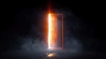 Partially open wooden door glowing with bright warm light in a dark smoky environment, creating a mysterious and hopeful atmosphere.