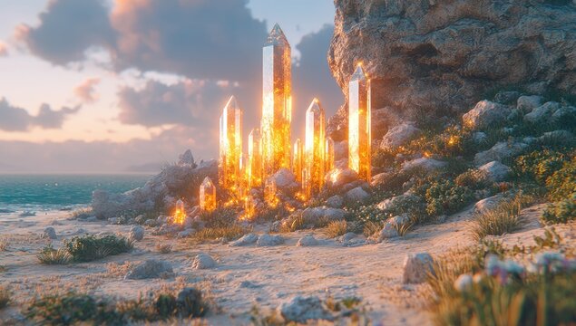 Golden crystal formations on a beach at sunset - Powered by Adobe