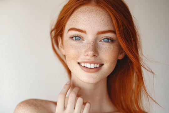 Close-up portrait of a young woman with red hair, blue eyes, freckles, and a bright smile showing white teeth against a plain background