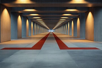 Symmetrical concrete corridor with evenly spaced columns and warm recessed lighting converging towards a distant bright exit, emphasizing depth and perspective