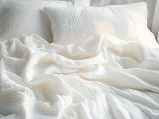 Soft rumpled white bedding and pillows arranged on a bed evoking comfort and relaxation in natural light