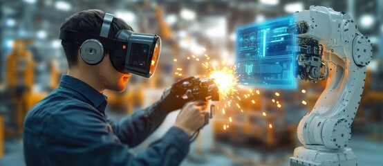 Man wearing virtual reality headset and gloves interacting with robotic arm emitting sparks in advanced industrial factory setting
