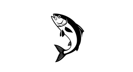 Simple black and white leaping fish graphic on a white background flat illustration