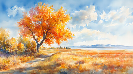 Fototapeta premium A lone tree with bright orange leaves stands in a field with a path leading into the distance under a blue sky with fluffy white clouds