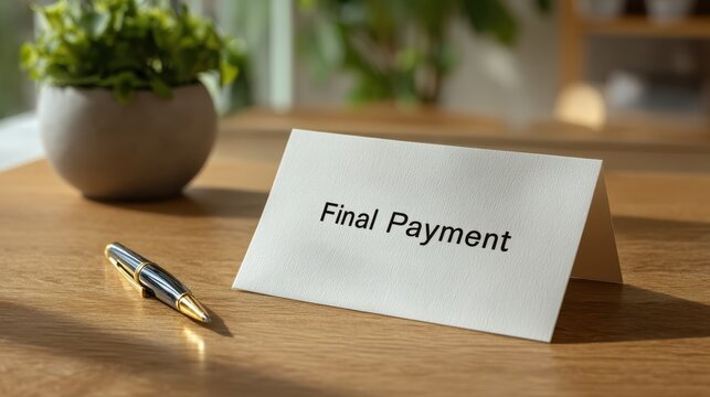 A pen lies next to a folded card on a wooden table displaying the words "Final Payment" with a blurred plant in the background.