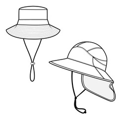 Vector Illustration of Sun Hats and Hiking Hats with Wide Brim and Chin Strap – Outdoor Sun Protection Headwear