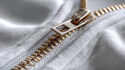 Close-up of a metallic gold zipper on smooth silver fabric, showcasing fine texture and craftsmanship.