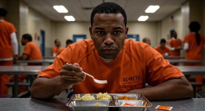 Serious Black Male Inmate Eating Meal in Prison Cafeteria, Looking Directly at Camera