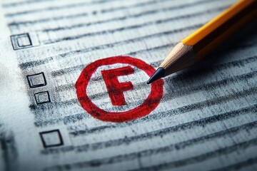 Close-up of a pencil pointing at a red circled F grade on a black and white test or answer sheet with checkboxes