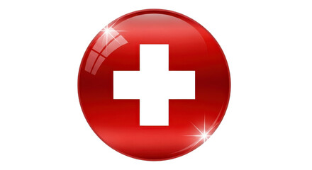 Obraz premium Glossy red circle with a white cross symbol, representing medical, first aid, or health care, isolated on a white background for design elements and icons
