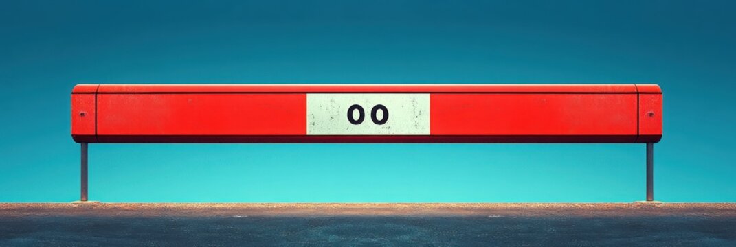 Bright red and white railway buffer stop with the number double zero on a clear sunny day against a blue sky