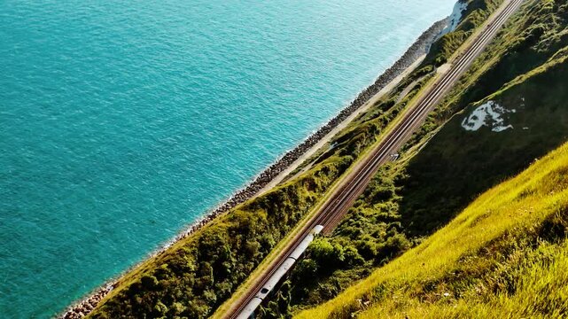 Rugged coast and railway line, Folkestone, Kent, England, UK, with chalk cliffs, sea views and tracks curving along the shoreline