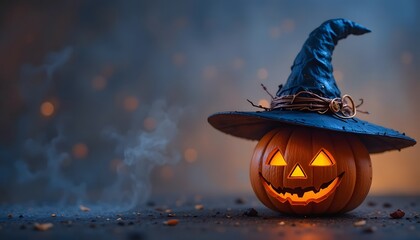 Halloween jack o lantern pumpkin with witch hat and smoke