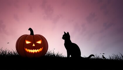 Halloween night black cat and jack o lantern pumpkin silhouette