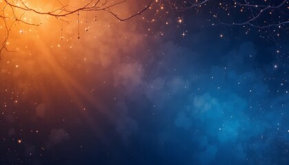 Dark blue and orange winter night starry sky background with glow