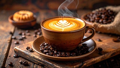 A steaming cup of latte art, surrounded by coffee beans and a biscuit