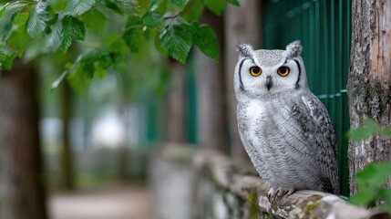 Captive Owl Perched on Concrete Ledge with Lush Greenery and a Teal Fence In The Background