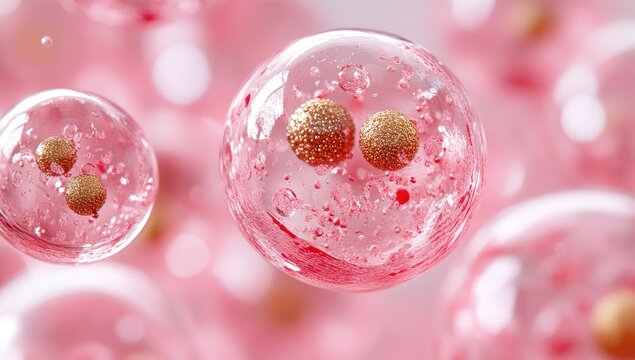 Floating, translucent pink cells with gold inclusions