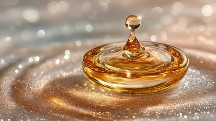 A golden liquid droplet splashes elegantly, creating ripples on a shimmering surface with sparkling bokeh lights in the background.