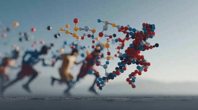 A dynamic 3D molecular structure resembling a running human figure, with blurred runners in the background, symbolizing motion and science.