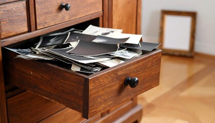 Old wooden drawer filled with vintage black and white photographs awaiting to be sorted in a cozy room near a blank picture frame