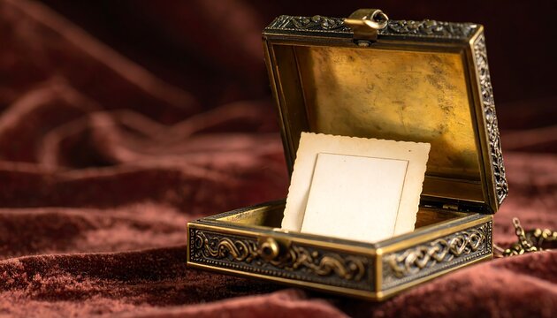 Vintage jewelry box displaying empty photo frame on rich red fabric in soft lighting, creating a sense of nostalgia and elegance